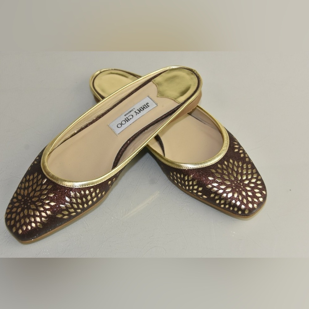 Jimmy Choo Brown & Gold Cutout Slip-On Flats - Picture 12 of 12